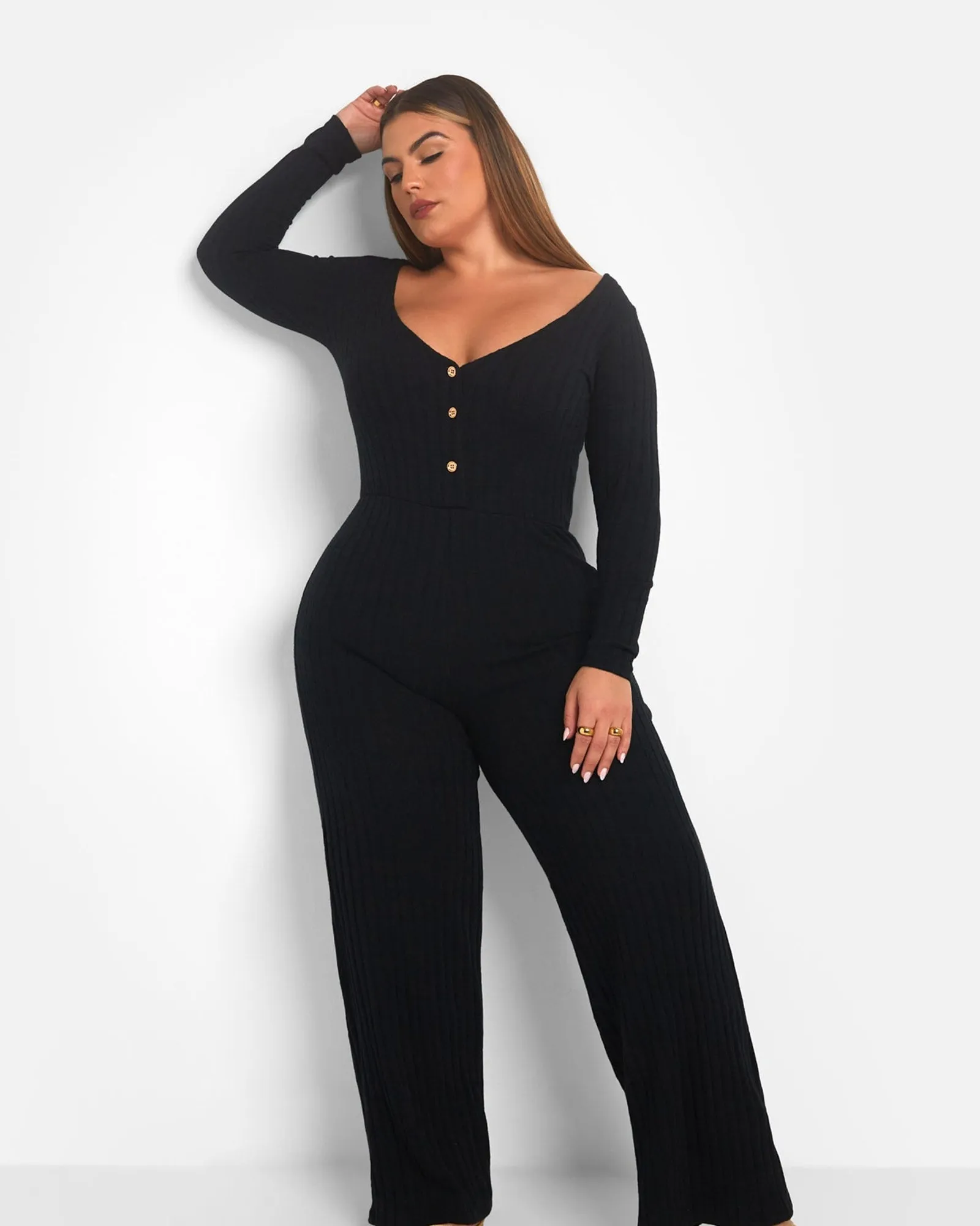 Ruby Ribbed Button Front Wide Leg Jumpsuit | Black
