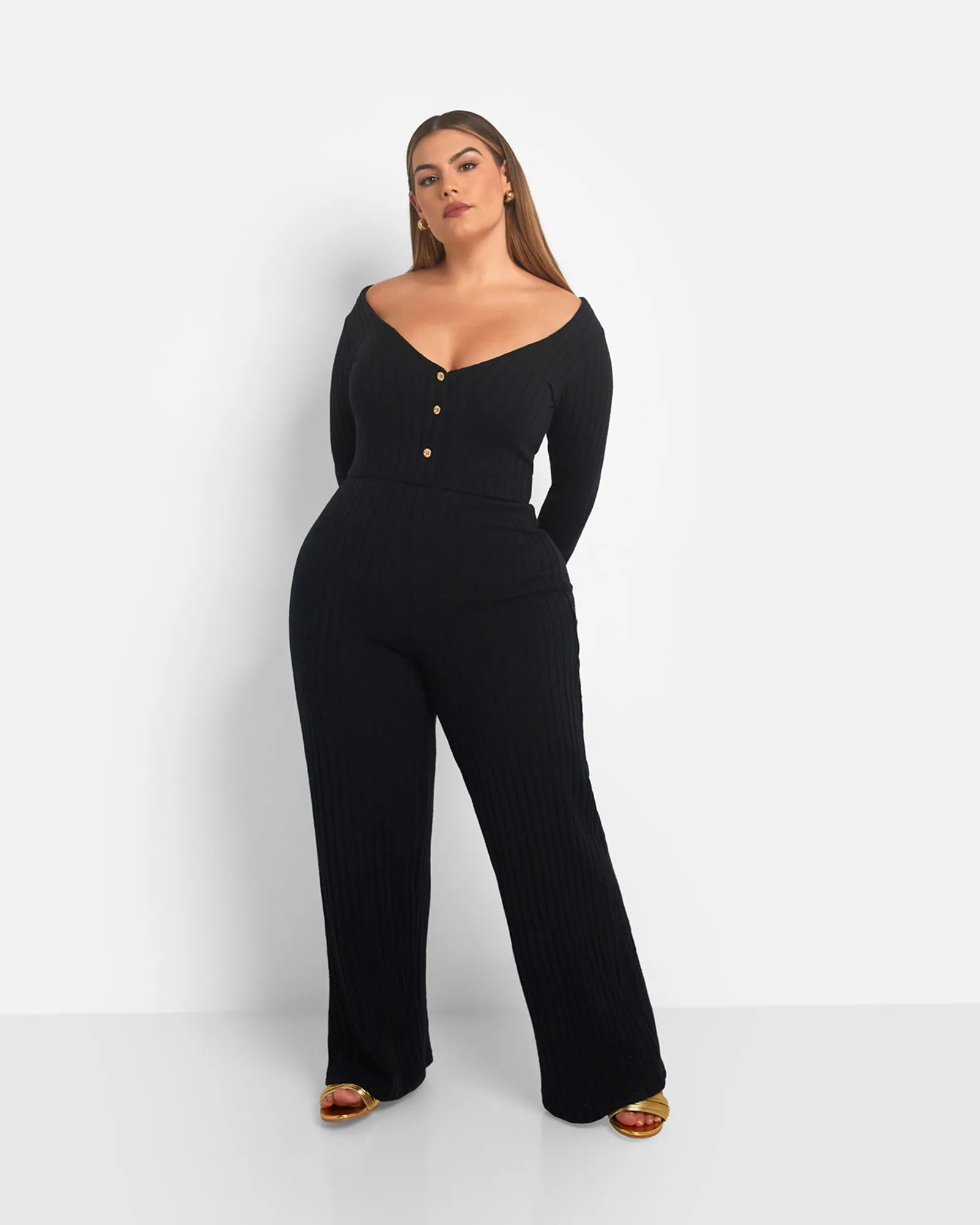 Ruby Ribbed Button Front Wide Leg Jumpsuit | Black