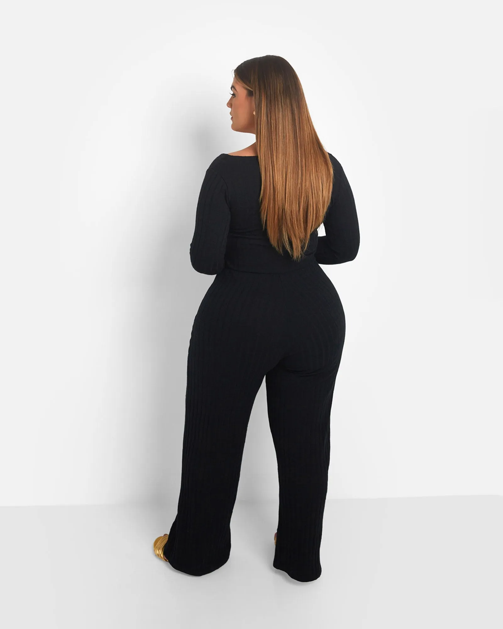 Ruby Ribbed Button Front Wide Leg Jumpsuit | Black