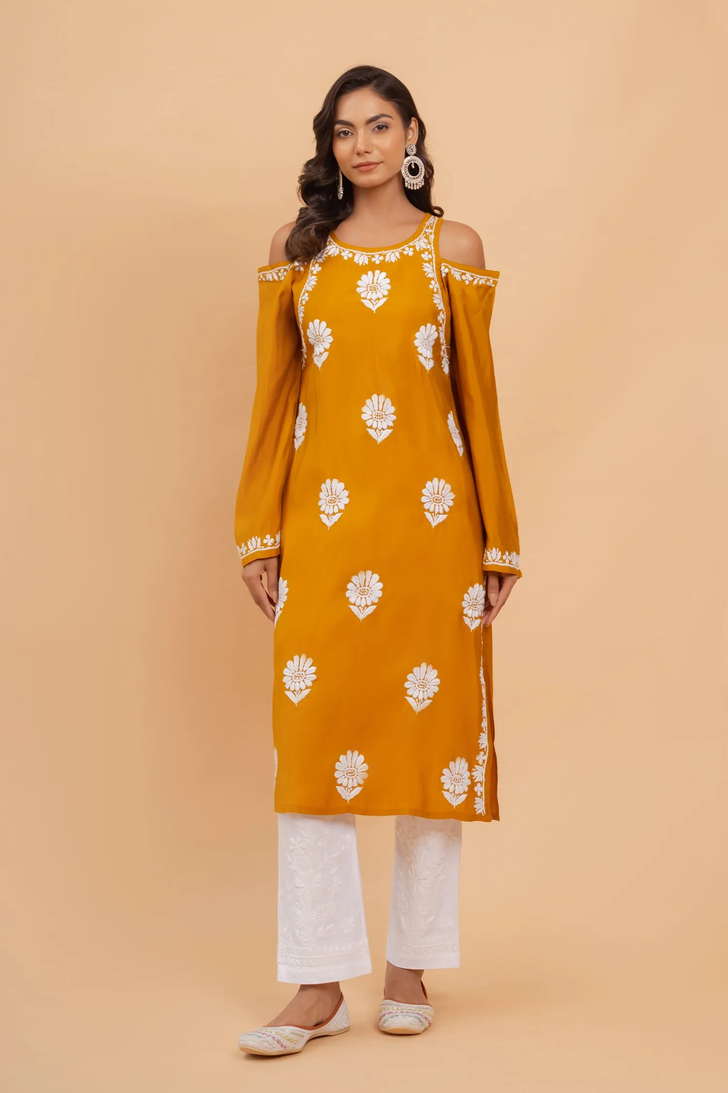Saba Chikankari Long Kurta Shoulder Cut In Muslin - Mustard