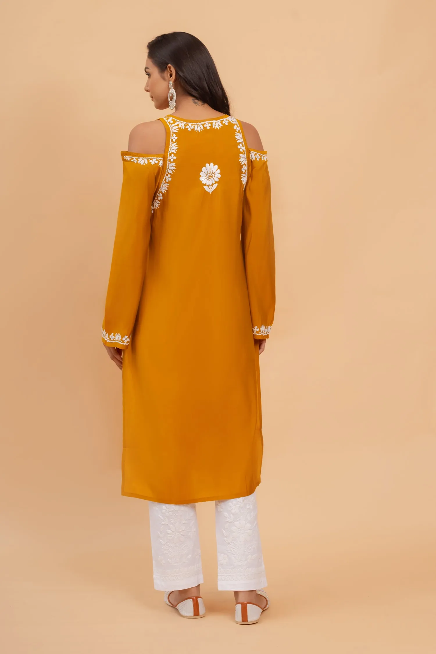 Saba Chikankari Long Kurta Shoulder Cut In Muslin - Mustard