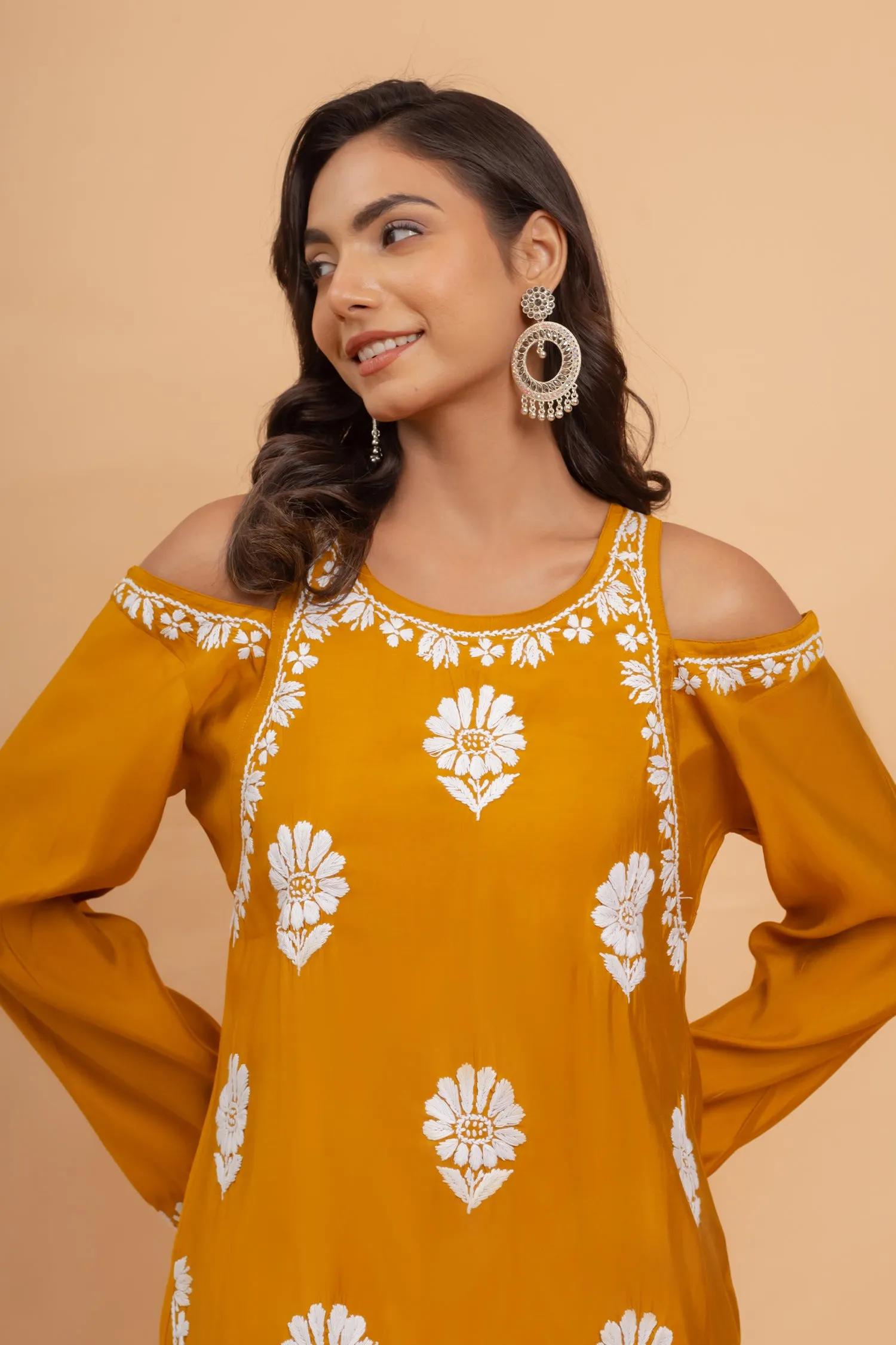 Saba Chikankari Long Kurta Shoulder Cut In Muslin - Mustard