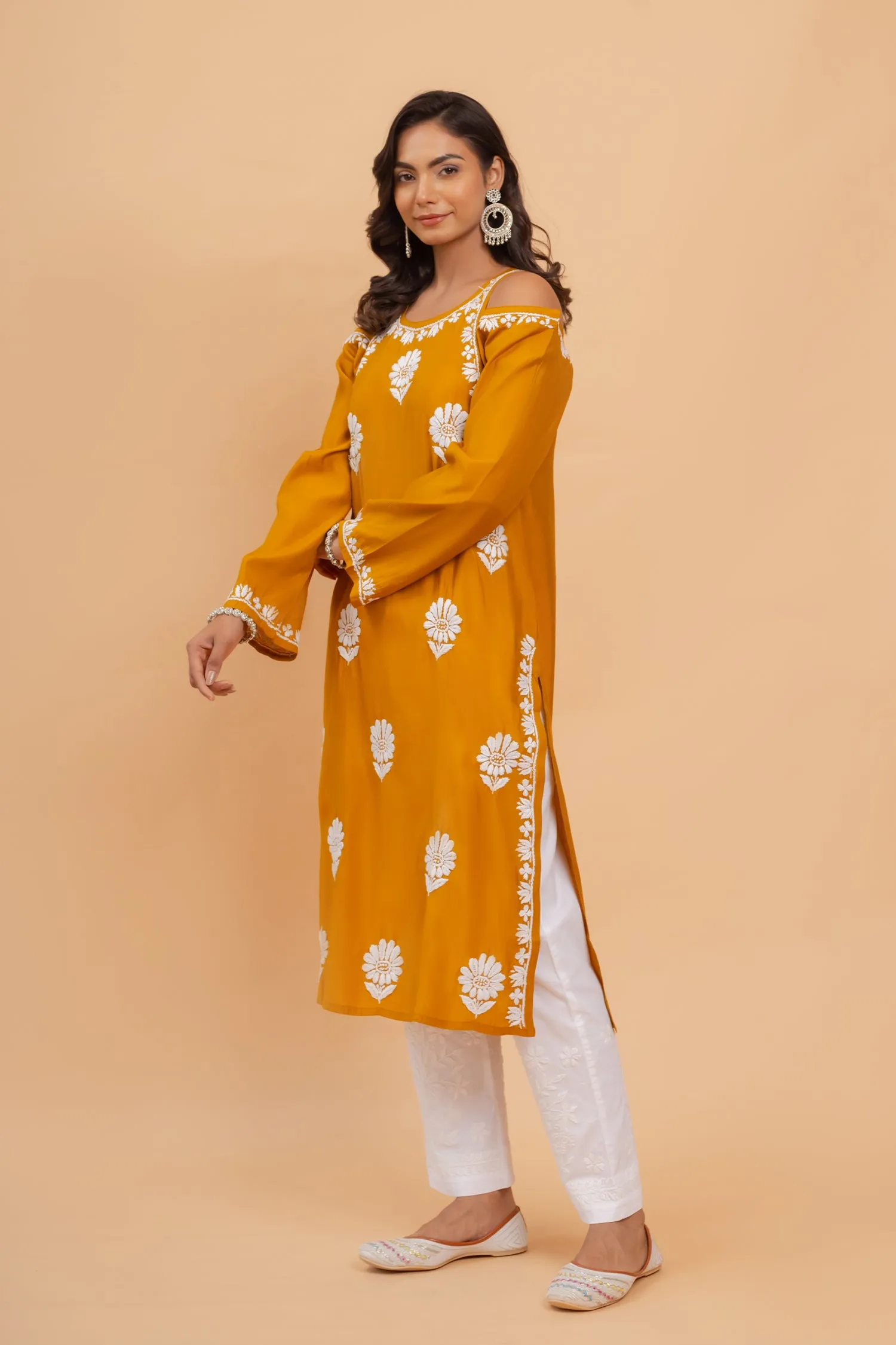 Saba Chikankari Long Kurta Shoulder Cut In Muslin - Mustard