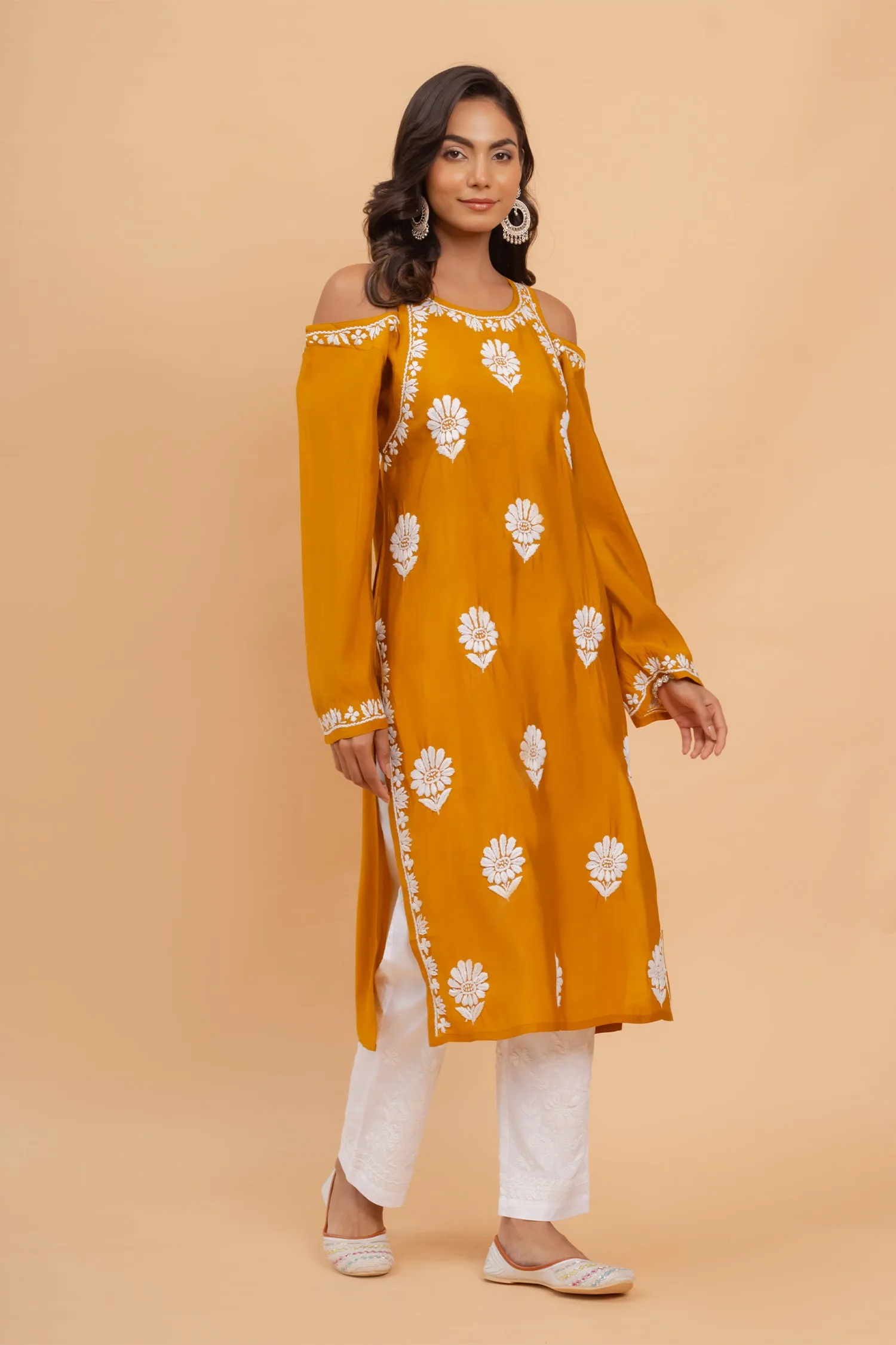 Saba Chikankari Long Kurta Shoulder Cut In Muslin - Mustard