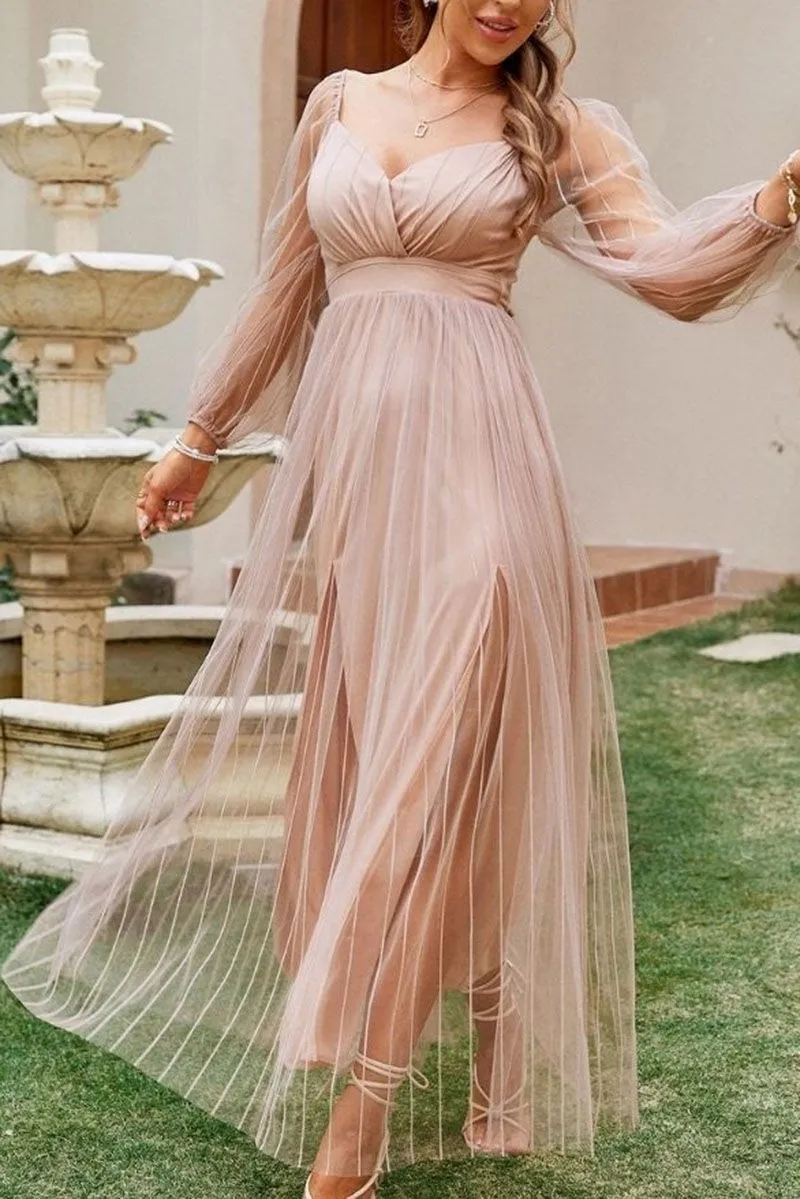 Semi See Through Mesh Pleated Tulle Overlay Long Sleeve Bodycon Sundress