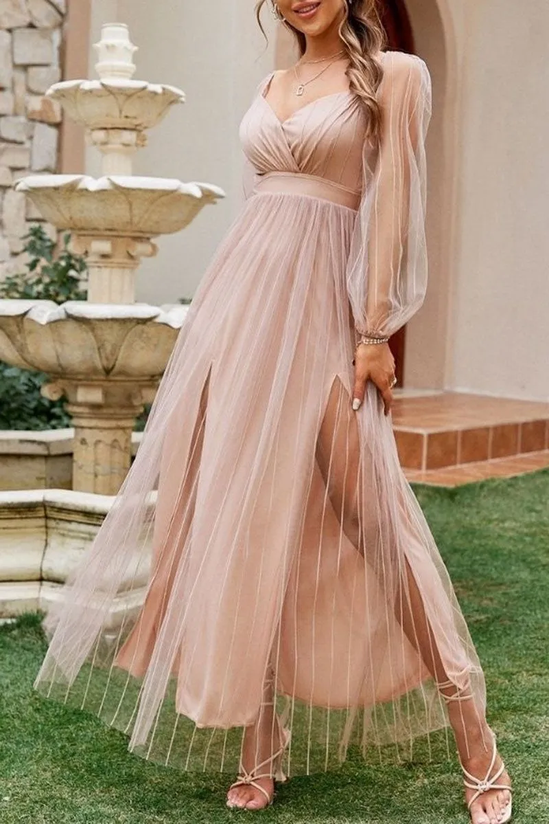 Semi See Through Mesh Pleated Tulle Overlay Long Sleeve Bodycon Sundress