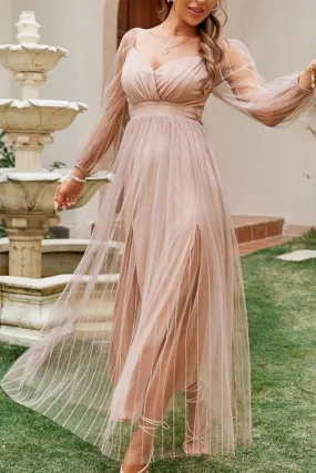Semi See Through Mesh Pleated Tulle Overlay Long Sleeve Bodycon Sundress