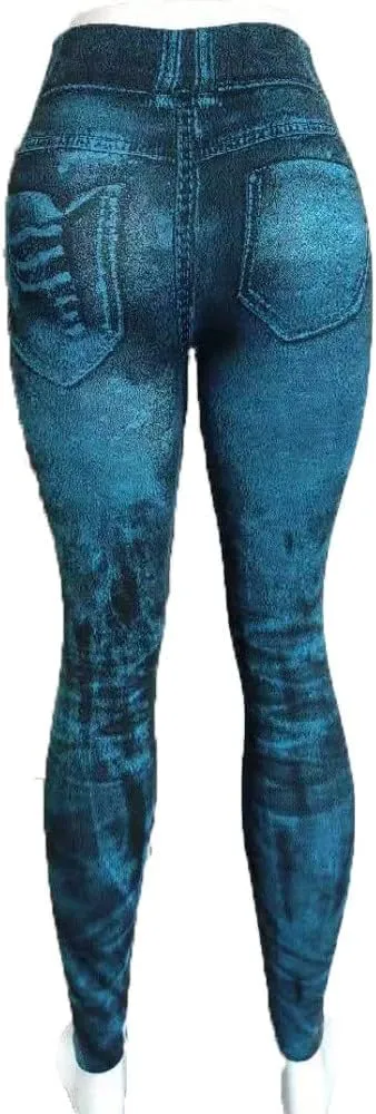 Sexy Denim-Like Print Leggings for Women Fake Jeans High Waisted Tights Stretchy Jeggings Compression Pants