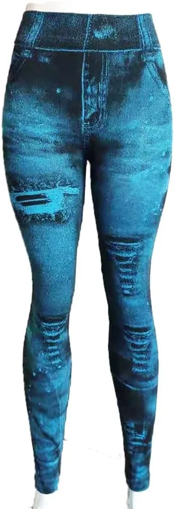 Sexy Denim-Like Print Leggings for Women Fake Jeans High Waisted Tights Stretchy Jeggings Compression Pants