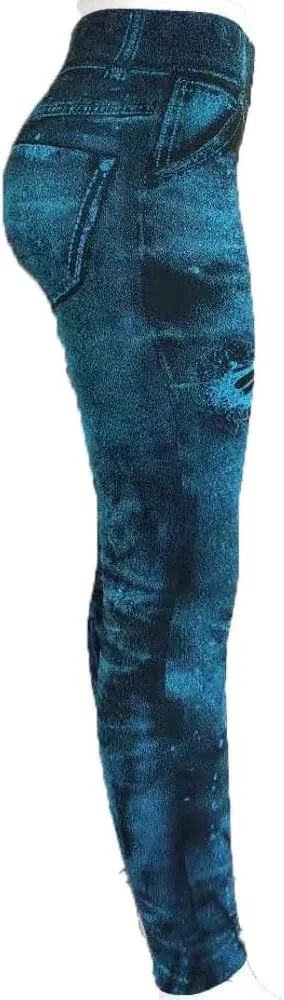 Sexy Denim-Like Print Leggings for Women Fake Jeans High Waisted Tights Stretchy Jeggings Compression Pants