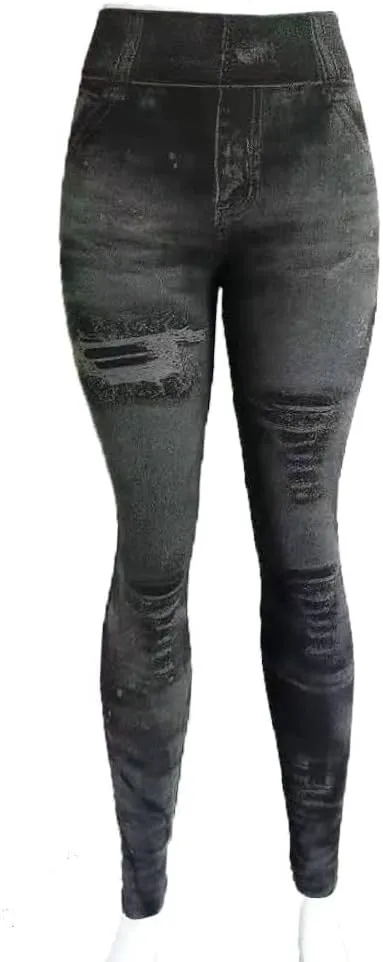 Sexy Denim-Like Print Leggings for Women Fake Jeans High Waisted Tights Stretchy Jeggings Compression Pants