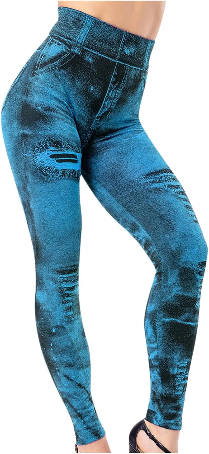 Sexy Denim-Like Print Leggings for Women Fake Jeans High Waisted Tights Stretchy Jeggings Compression Pants