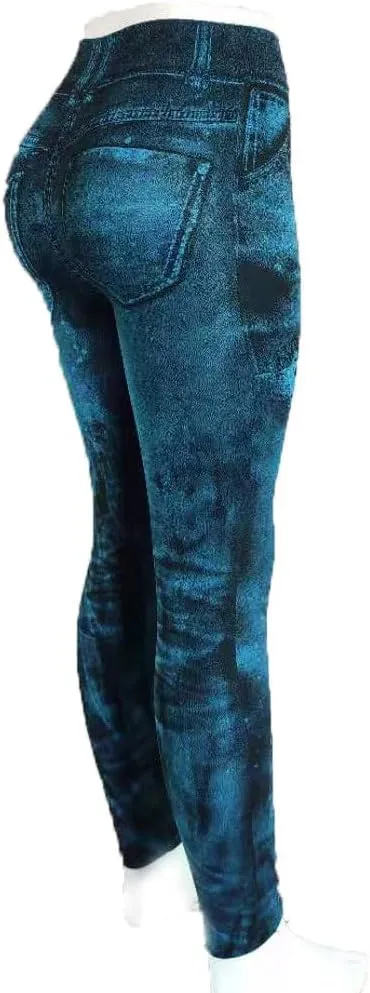 Sexy Denim-Like Print Leggings for Women Fake Jeans High Waisted Tights Stretchy Jeggings Compression Pants