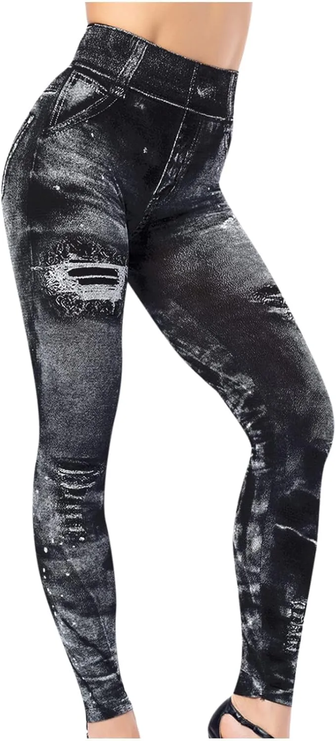 Sexy Denim-Like Print Leggings for Women Fake Jeans High Waisted Tights Stretchy Jeggings Compression Pants