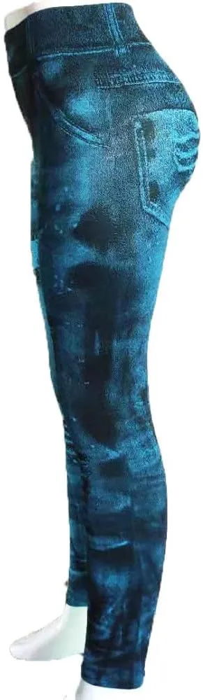 Sexy Denim-Like Print Leggings for Women Fake Jeans High Waisted Tights Stretchy Jeggings Compression Pants