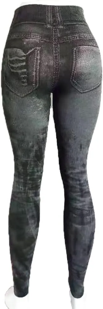 Sexy Denim-Like Print Leggings for Women Fake Jeans High Waisted Tights Stretchy Jeggings Compression Pants