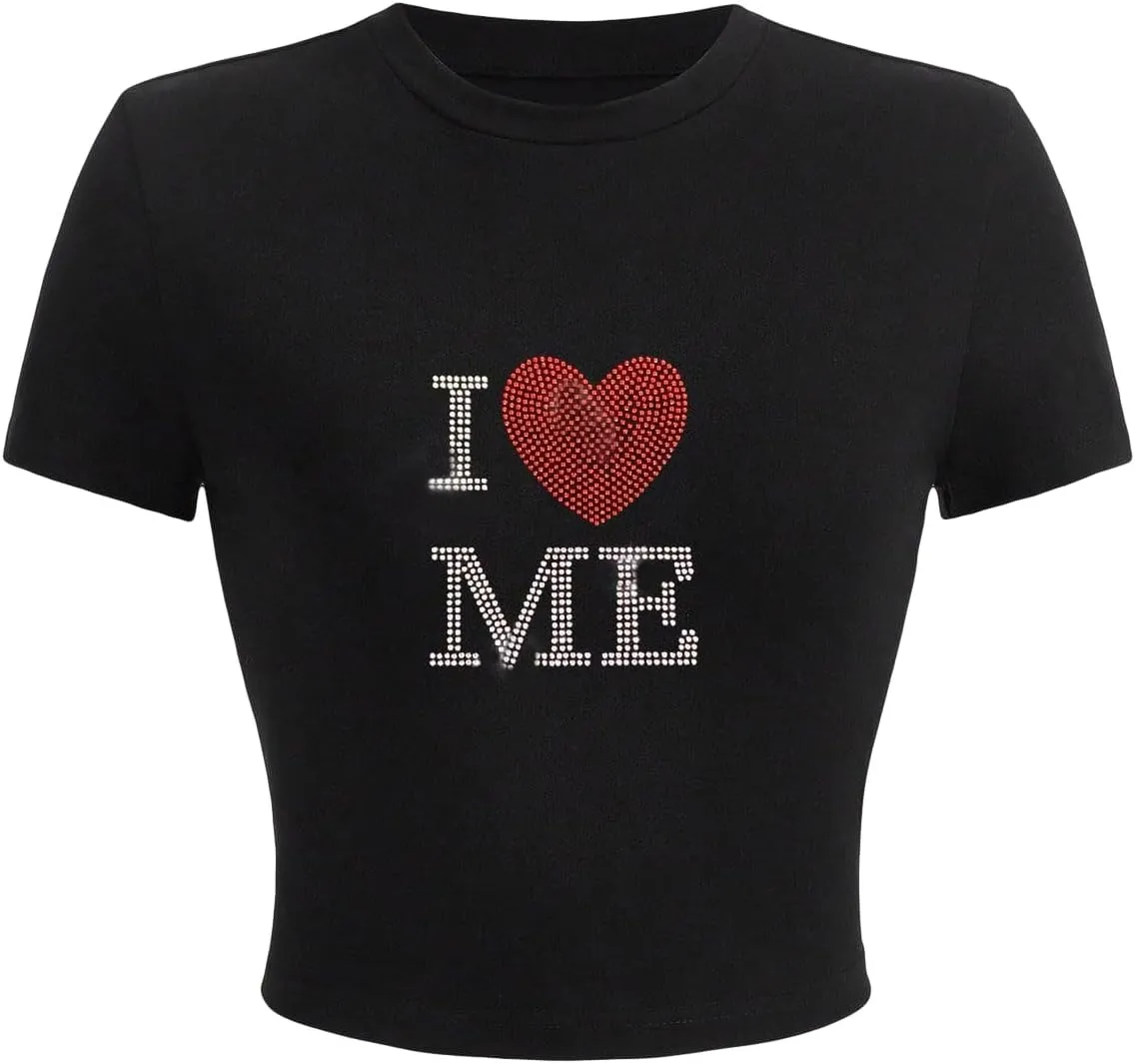 SHENHE Women's Crewneck Short Sleeve Cropped Graphic Tee Letter Print Fitted Tee