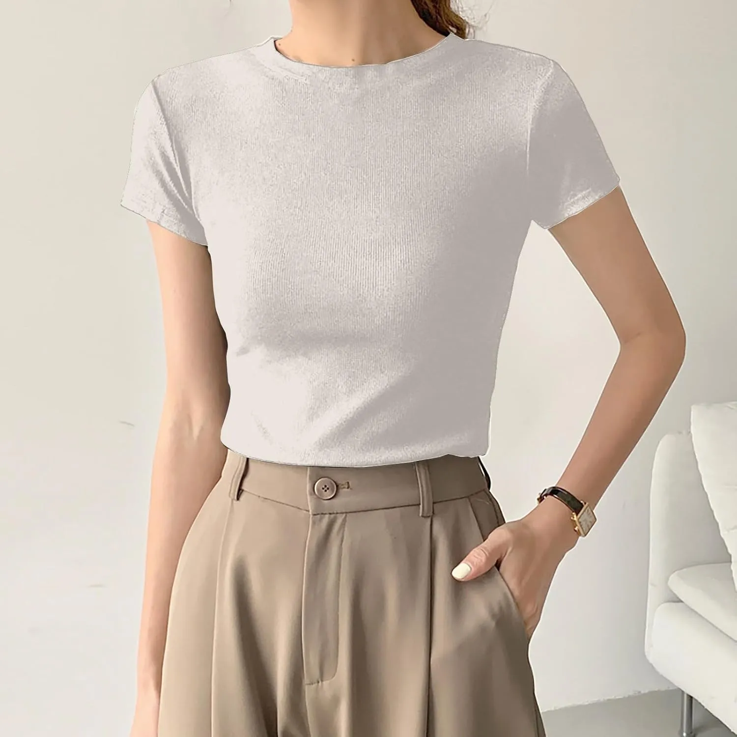 Shirts for Women Trendy Business Work Office Tunic Tops Ribbed Slim Breathable Crewneck Short Sleeve Cotton T Shirts