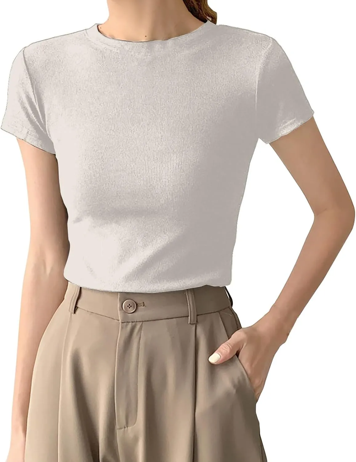 Shirts for Women Trendy Business Work Office Tunic Tops Ribbed Slim Breathable Crewneck Short Sleeve Cotton T Shirts