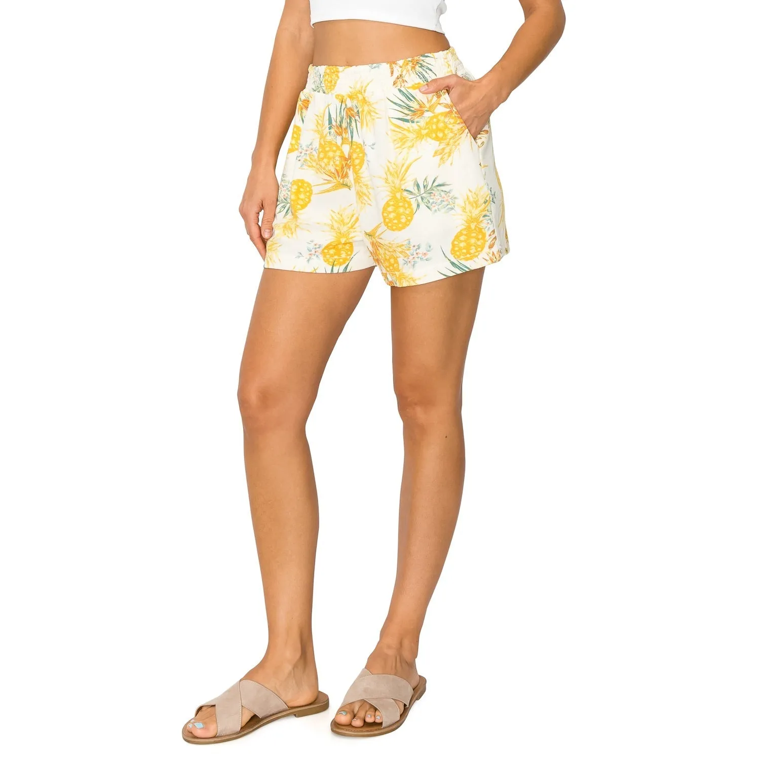 Smocked High Waisted Linen Shorts - Pineapple