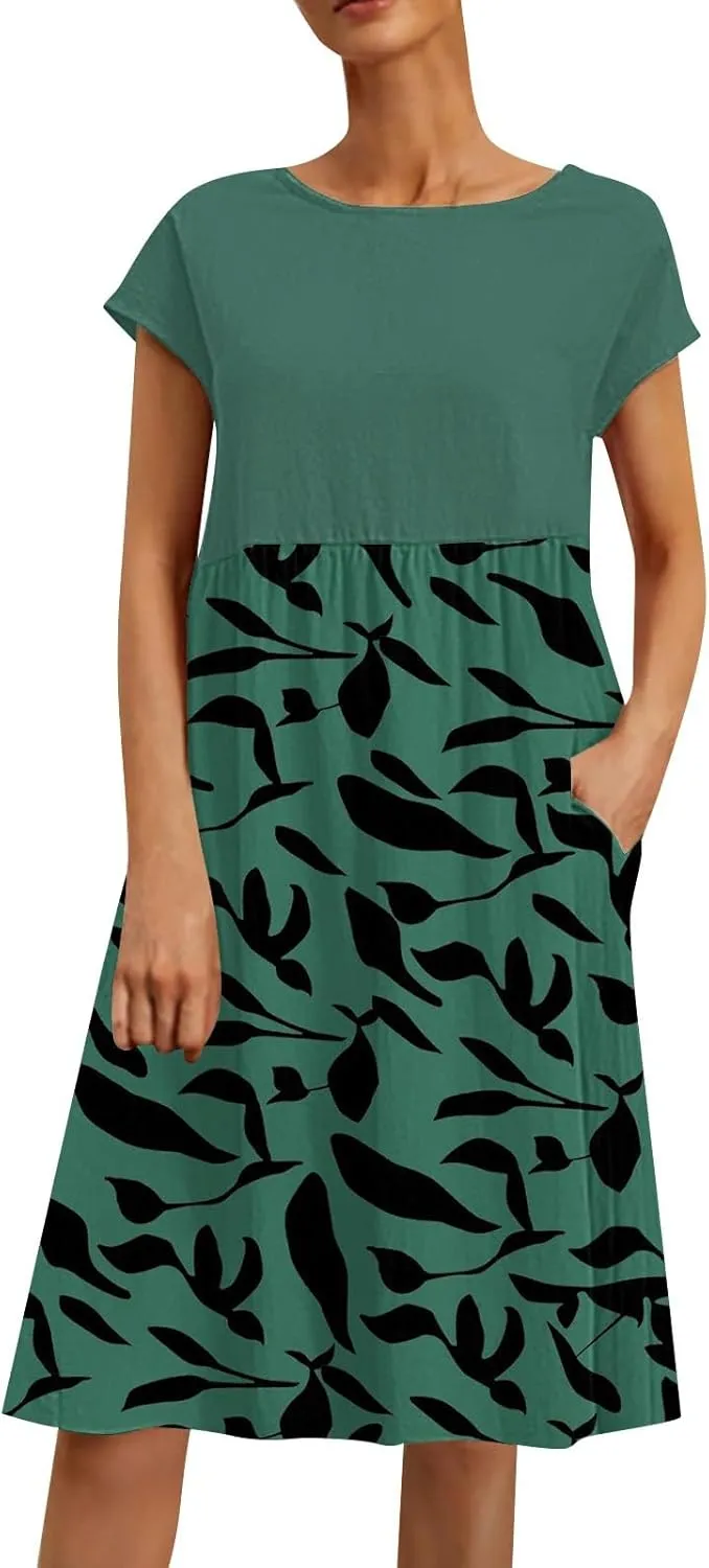 Summer Dresses for Women 2025 Floral Print Wrap Short Sleeve Maxi Dress Patchwork Ruffle Hem A Line Dress