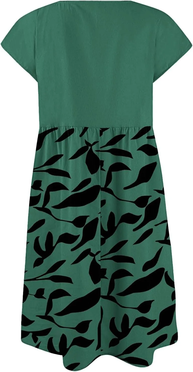 Summer Dresses for Women 2025 Floral Print Wrap Short Sleeve Maxi Dress Patchwork Ruffle Hem A Line Dress