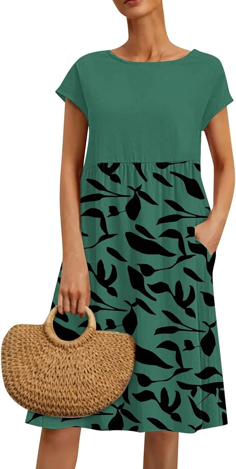 Summer Dresses for Women 2025 Floral Print Wrap Short Sleeve Maxi Dress Patchwork Ruffle Hem A Line Dress