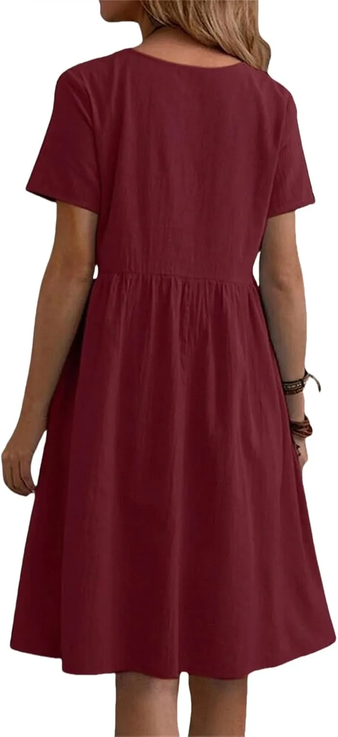 Summer Dresses for Women Cotton Linen Midi Dress Casual Short Sleeve T Shirt Dress Flowy Beach Sundress with Pockets