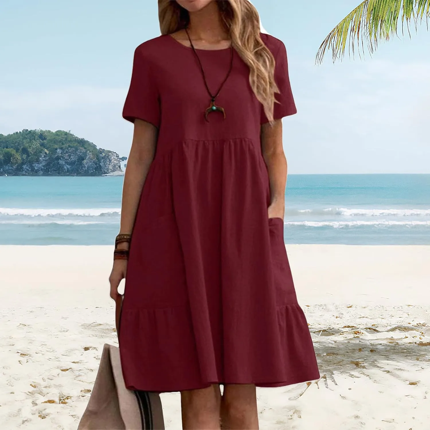 Summer Dresses for Women Cotton Linen Midi Dress Casual Short Sleeve T Shirt Dress Flowy Beach Sundress with Pockets