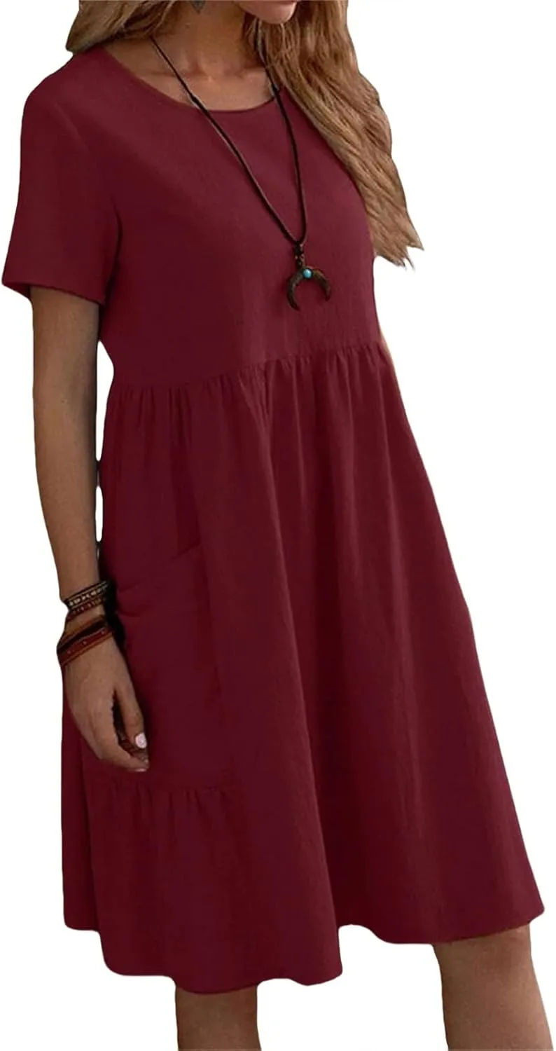 Summer Dresses for Women Cotton Linen Midi Dress Casual Short Sleeve T Shirt Dress Flowy Beach Sundress with Pockets