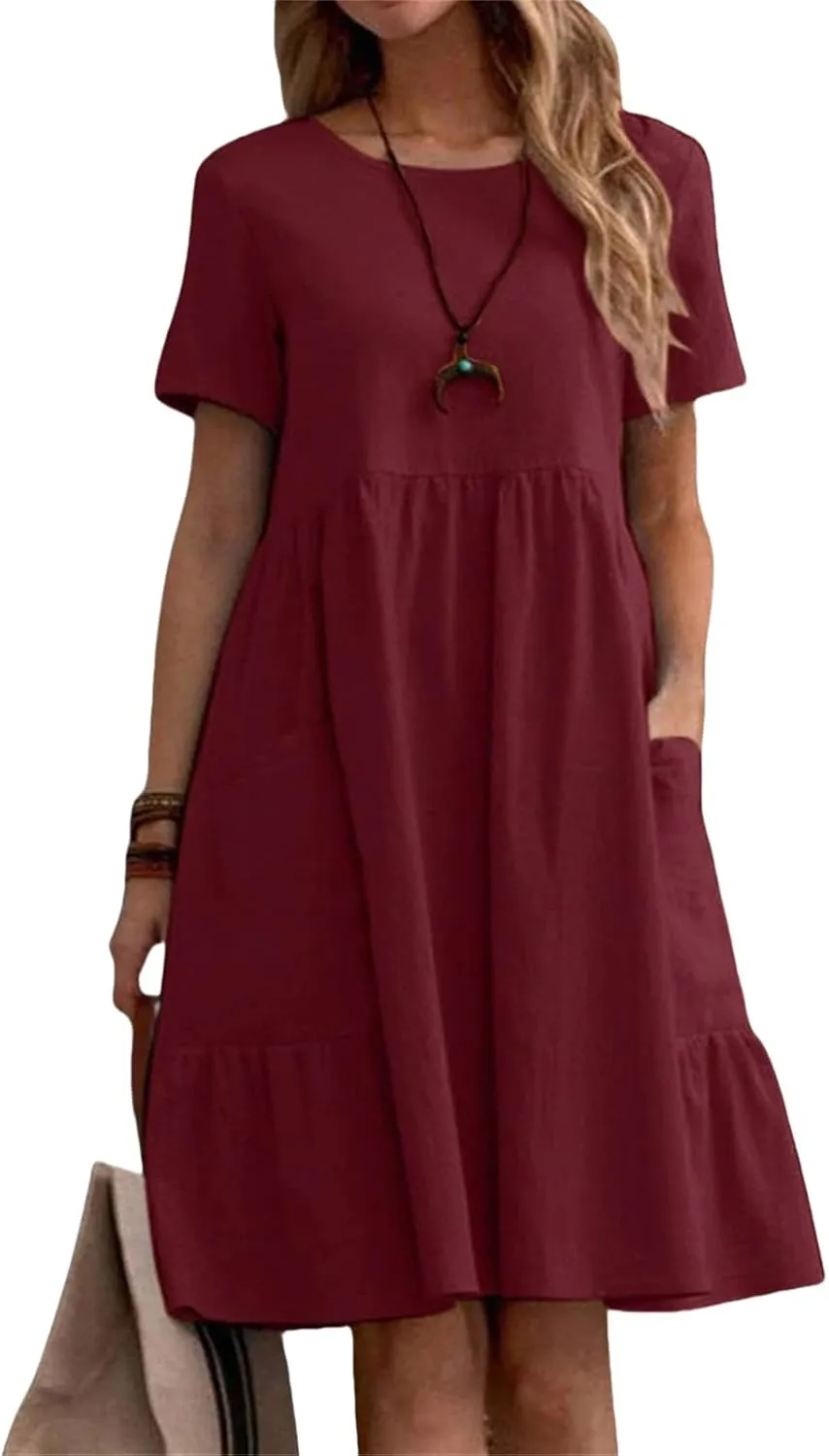 Summer Dresses for Women Cotton Linen Midi Dress Casual Short Sleeve T Shirt Dress Flowy Beach Sundress with Pockets