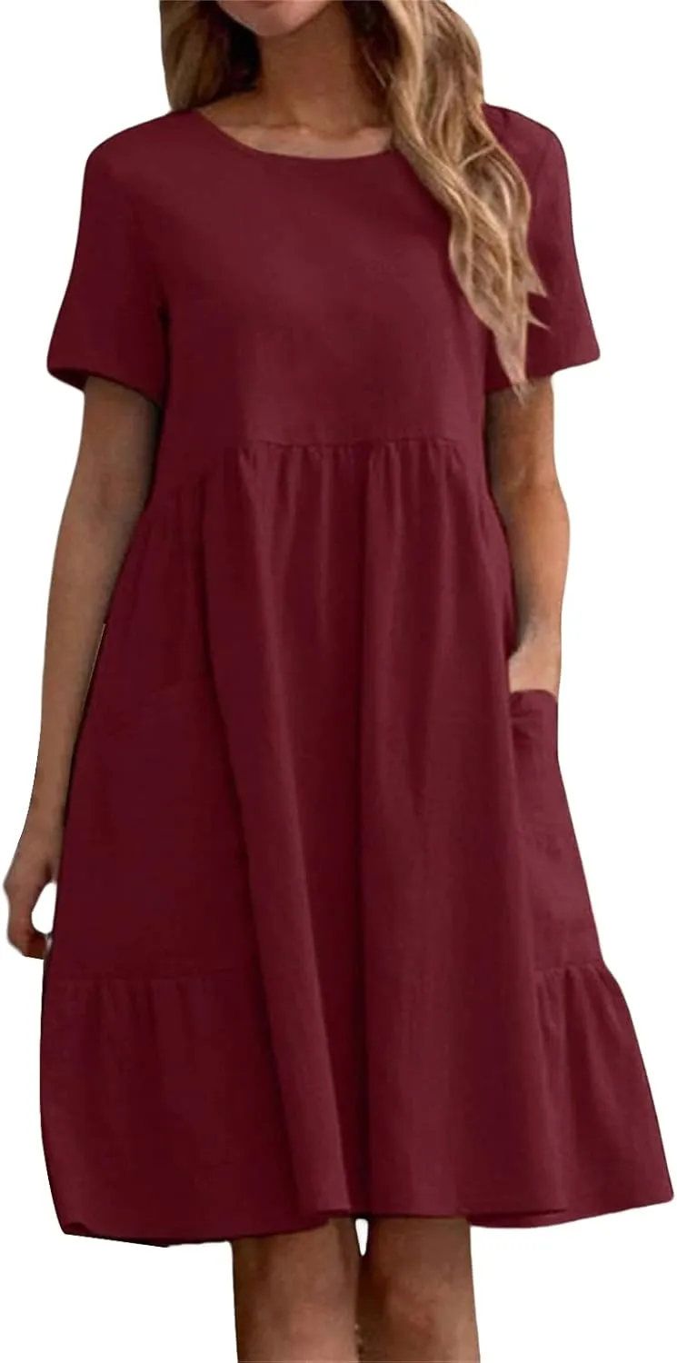 Summer Dresses for Women Cotton Linen Midi Dress Casual Short Sleeve T Shirt Dress Flowy Beach Sundress with Pockets