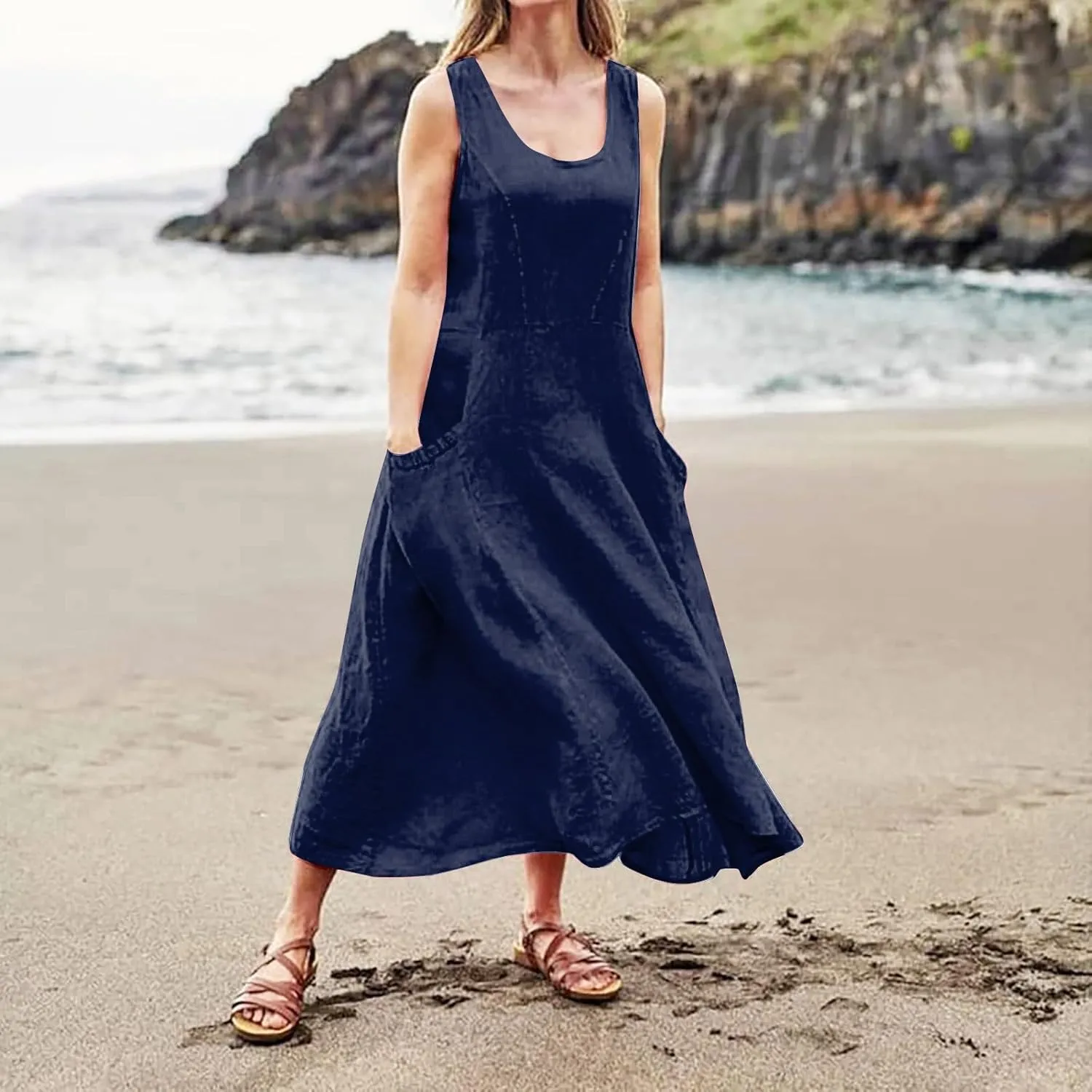 Summer Dresses Womens Sun Dress Boho Maxi Dress Hawaiian Linen Sleeveless Long Flowy Dresses with Pockects