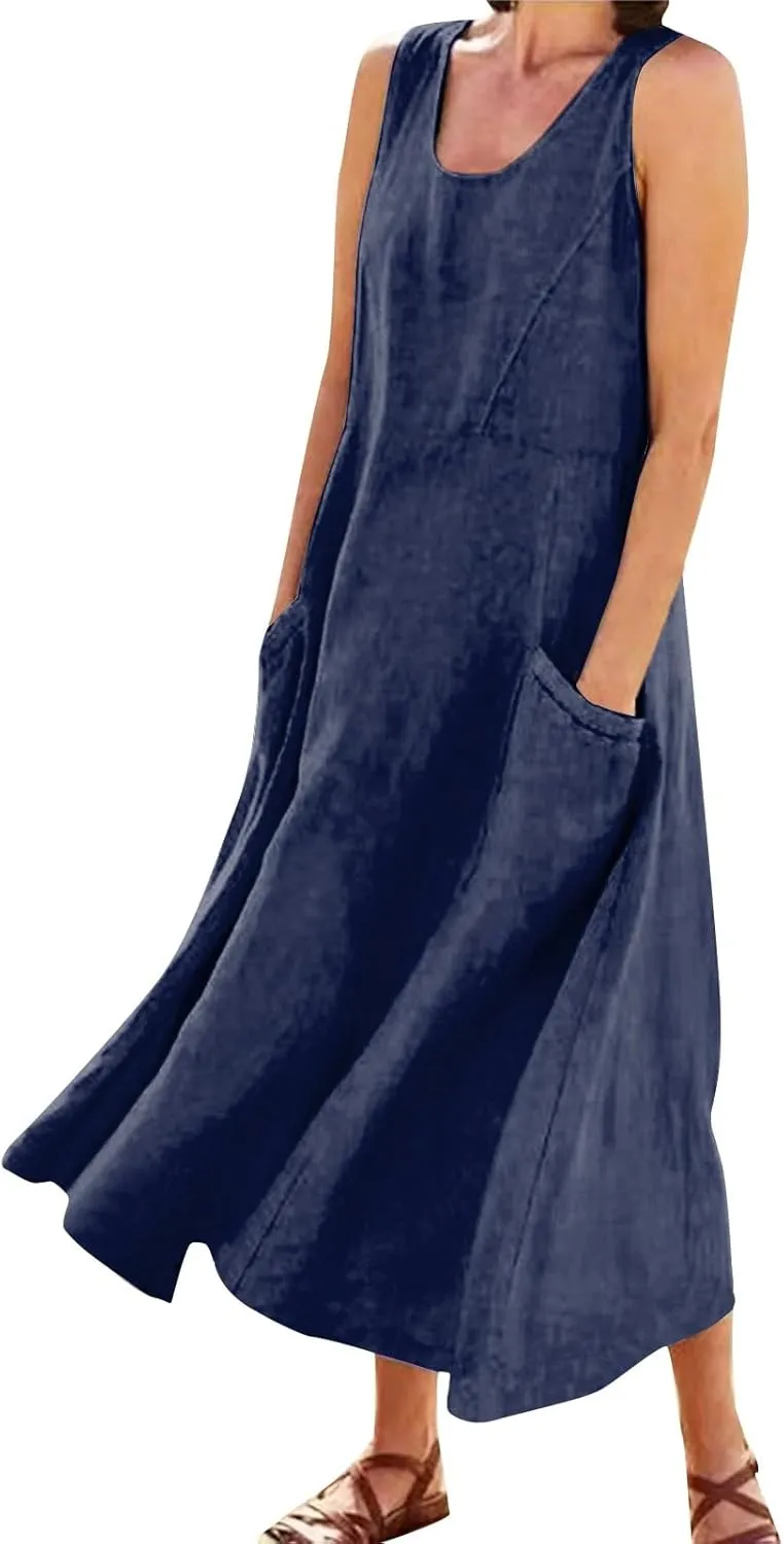 Summer Dresses Womens Sun Dress Boho Maxi Dress Hawaiian Linen Sleeveless Long Flowy Dresses with Pockects