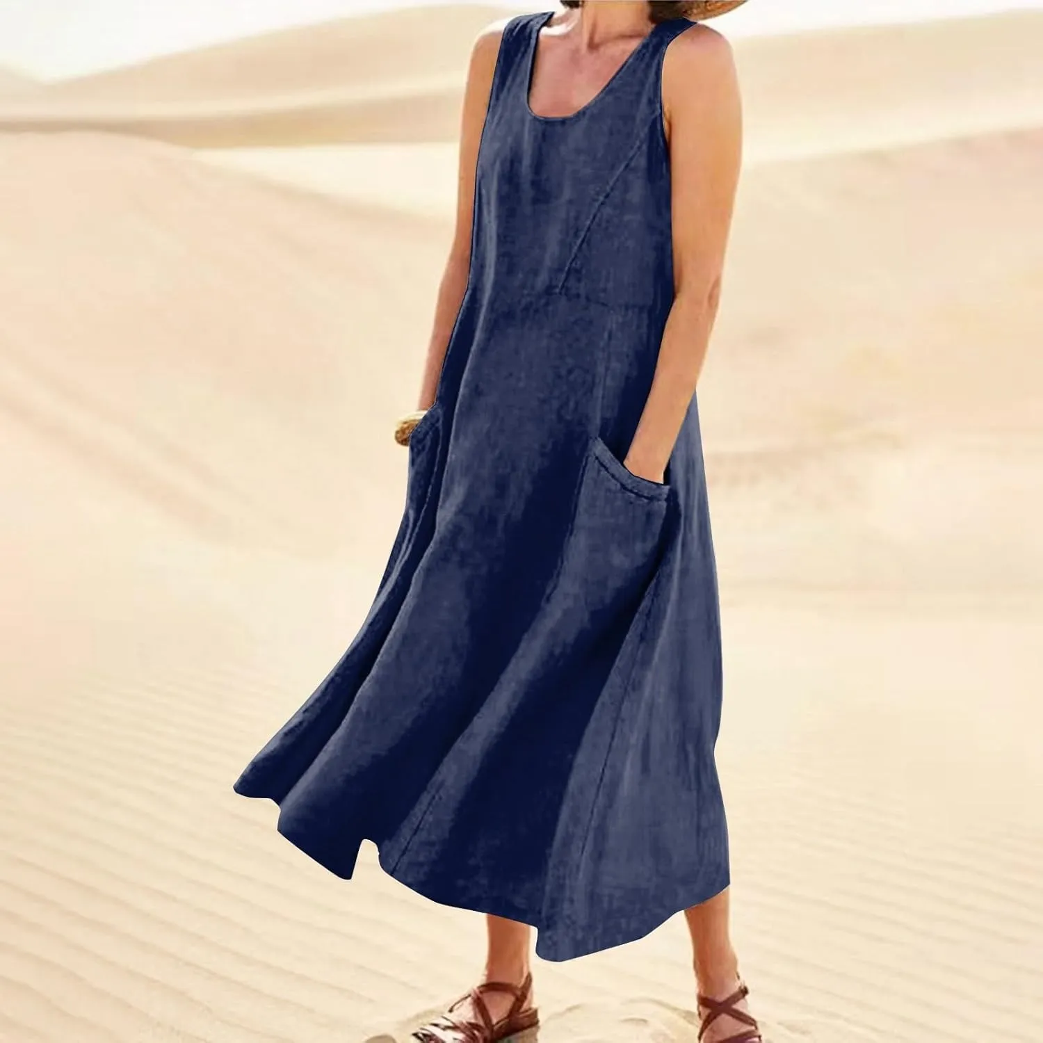 Summer Dresses Womens Sun Dress Boho Maxi Dress Hawaiian Linen Sleeveless Long Flowy Dresses with Pockects