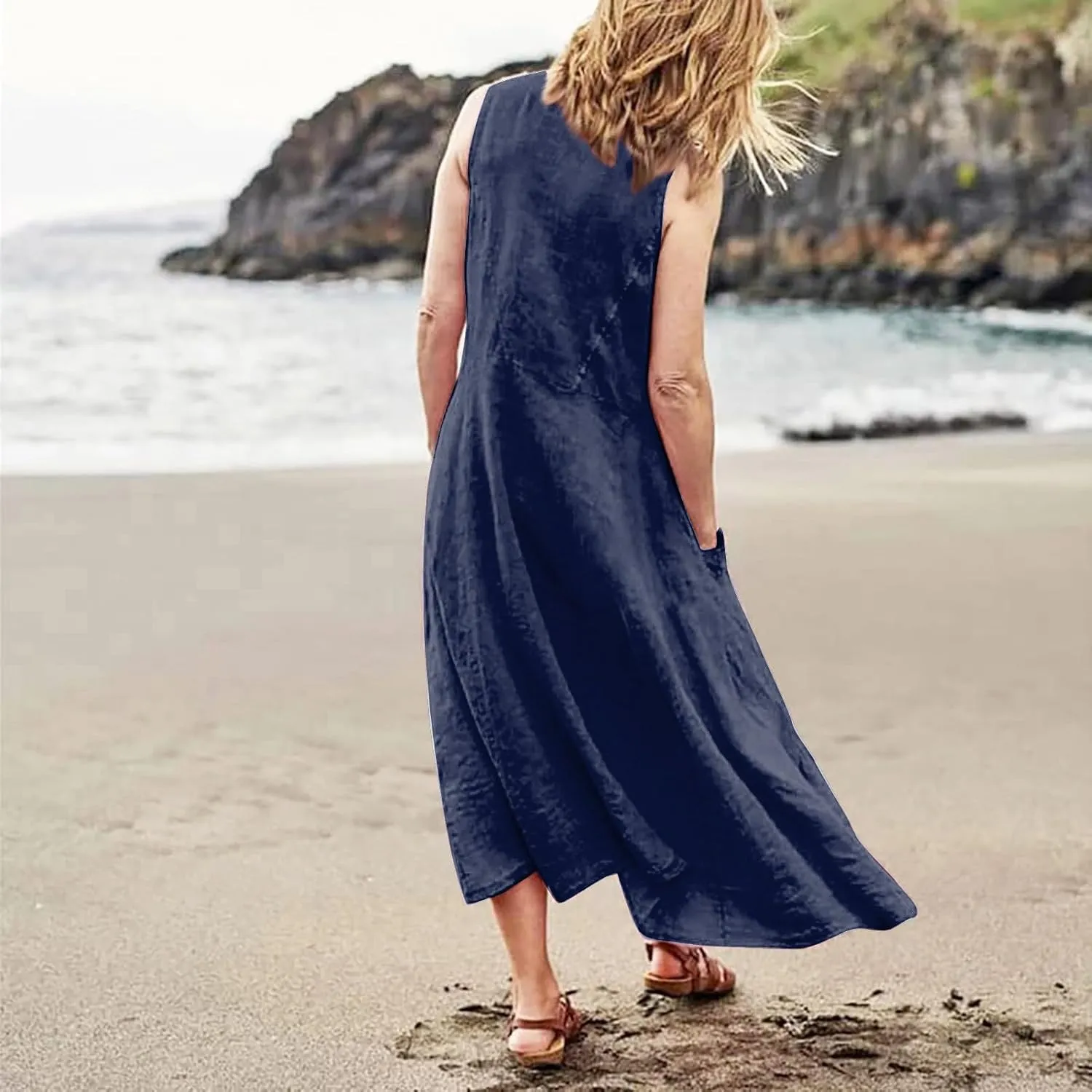 Summer Dresses Womens Sun Dress Boho Maxi Dress Hawaiian Linen Sleeveless Long Flowy Dresses with Pockects