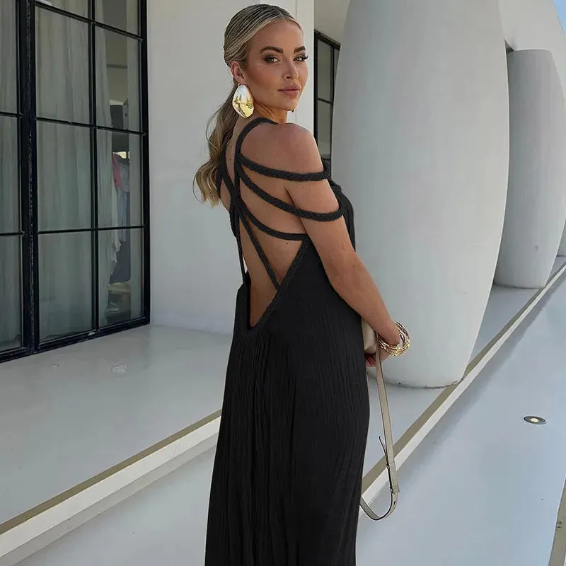 Summer Elegant Off Shoulder Lace Up Backless Maxi Dress