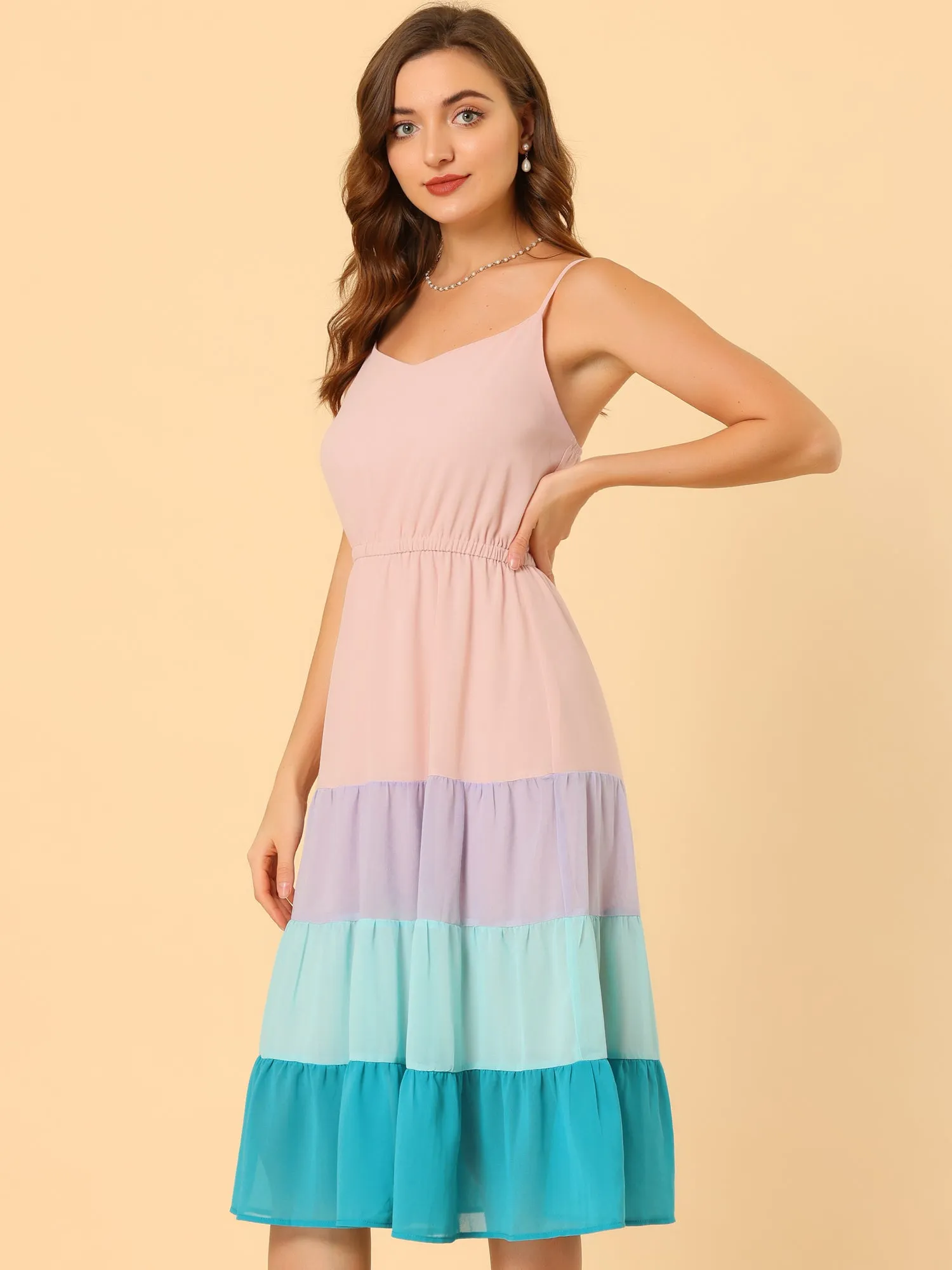 Summer Spaghetti Strap V Neck Flowy Swing Chiffon Midi Dress Sundress