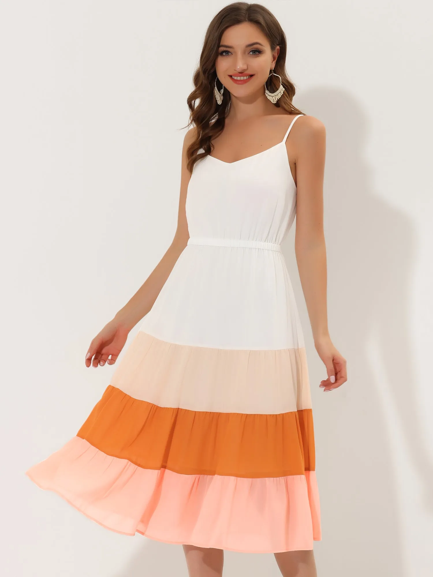 Summer Spaghetti Strap V Neck Flowy Swing Chiffon Midi Dress Sundress