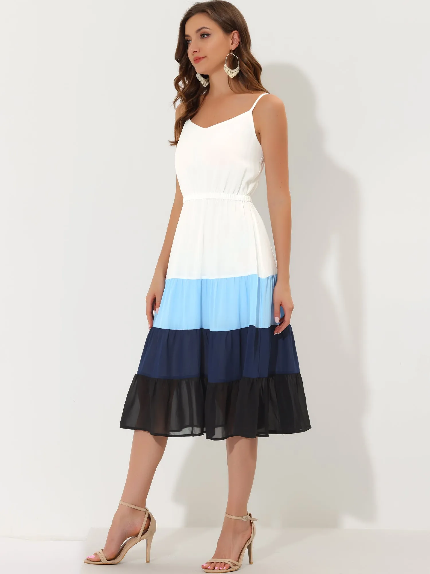 Summer Spaghetti Strap V Neck Flowy Swing Chiffon Midi Dress Sundress