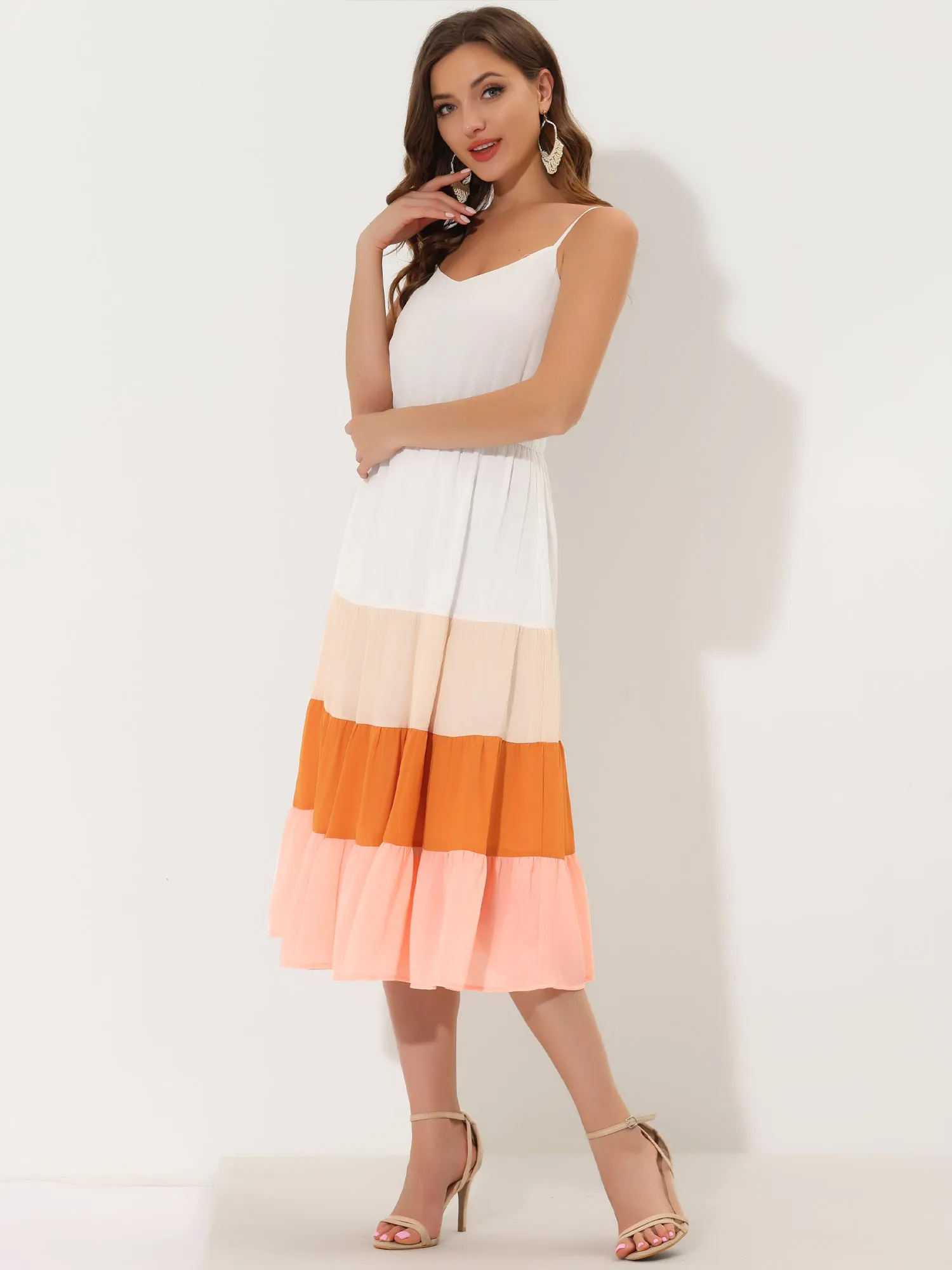 Summer Spaghetti Strap V Neck Flowy Swing Chiffon Midi Dress Sundress