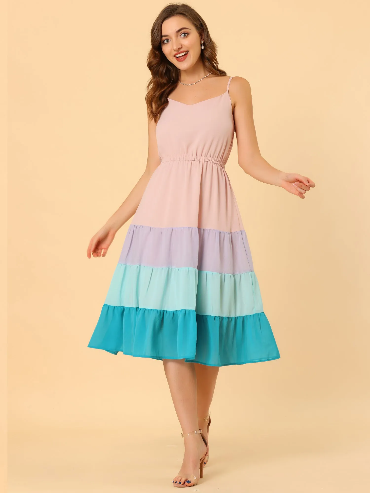 Summer Spaghetti Strap V Neck Flowy Swing Chiffon Midi Dress Sundress