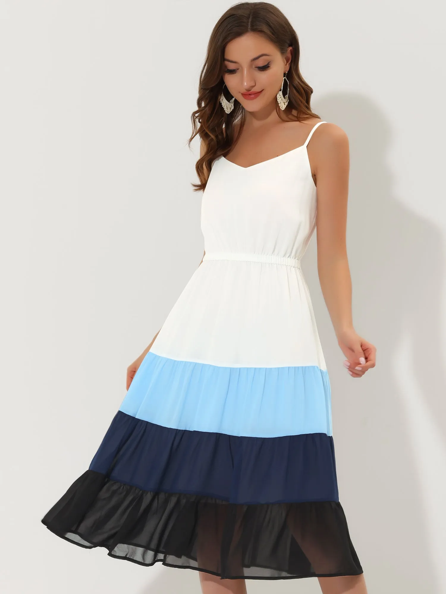 Summer Spaghetti Strap V Neck Flowy Swing Chiffon Midi Dress Sundress
