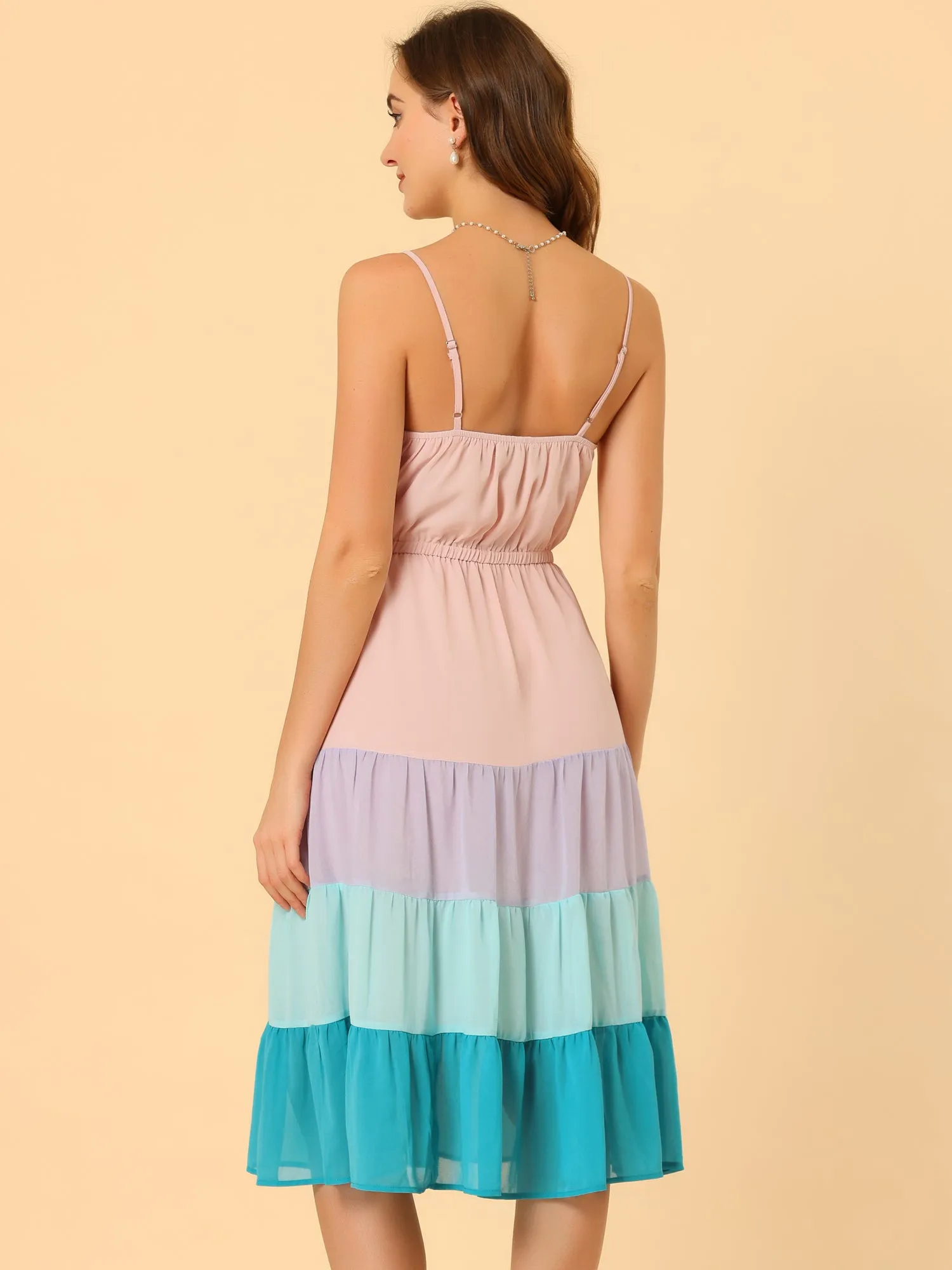 Summer Spaghetti Strap V Neck Flowy Swing Chiffon Midi Dress Sundress