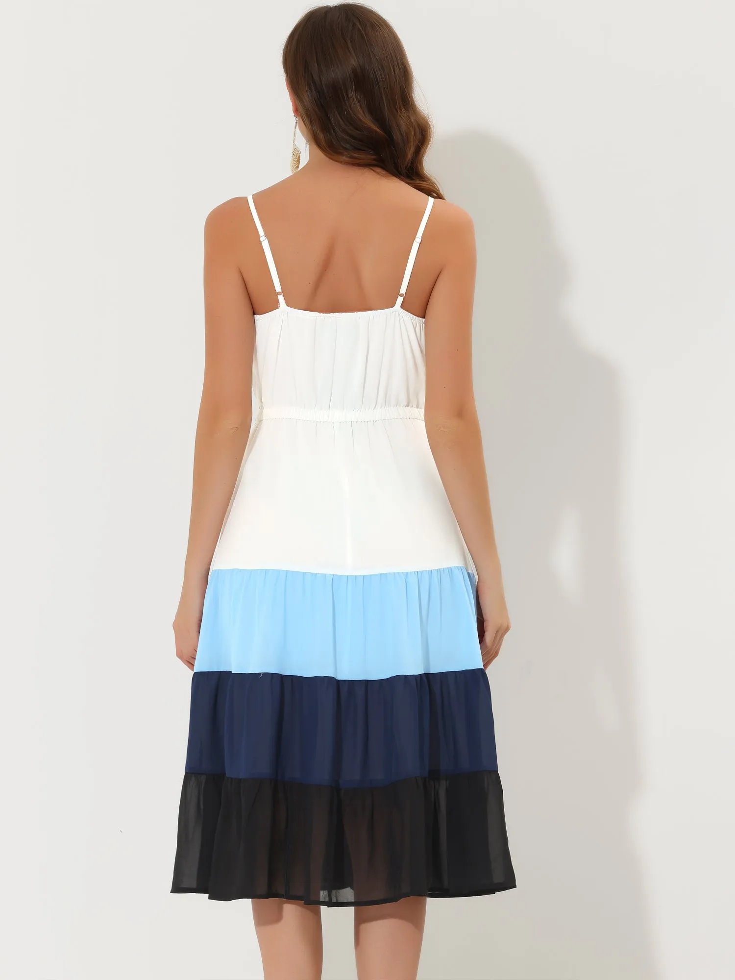 Summer Spaghetti Strap V Neck Flowy Swing Chiffon Midi Dress Sundress