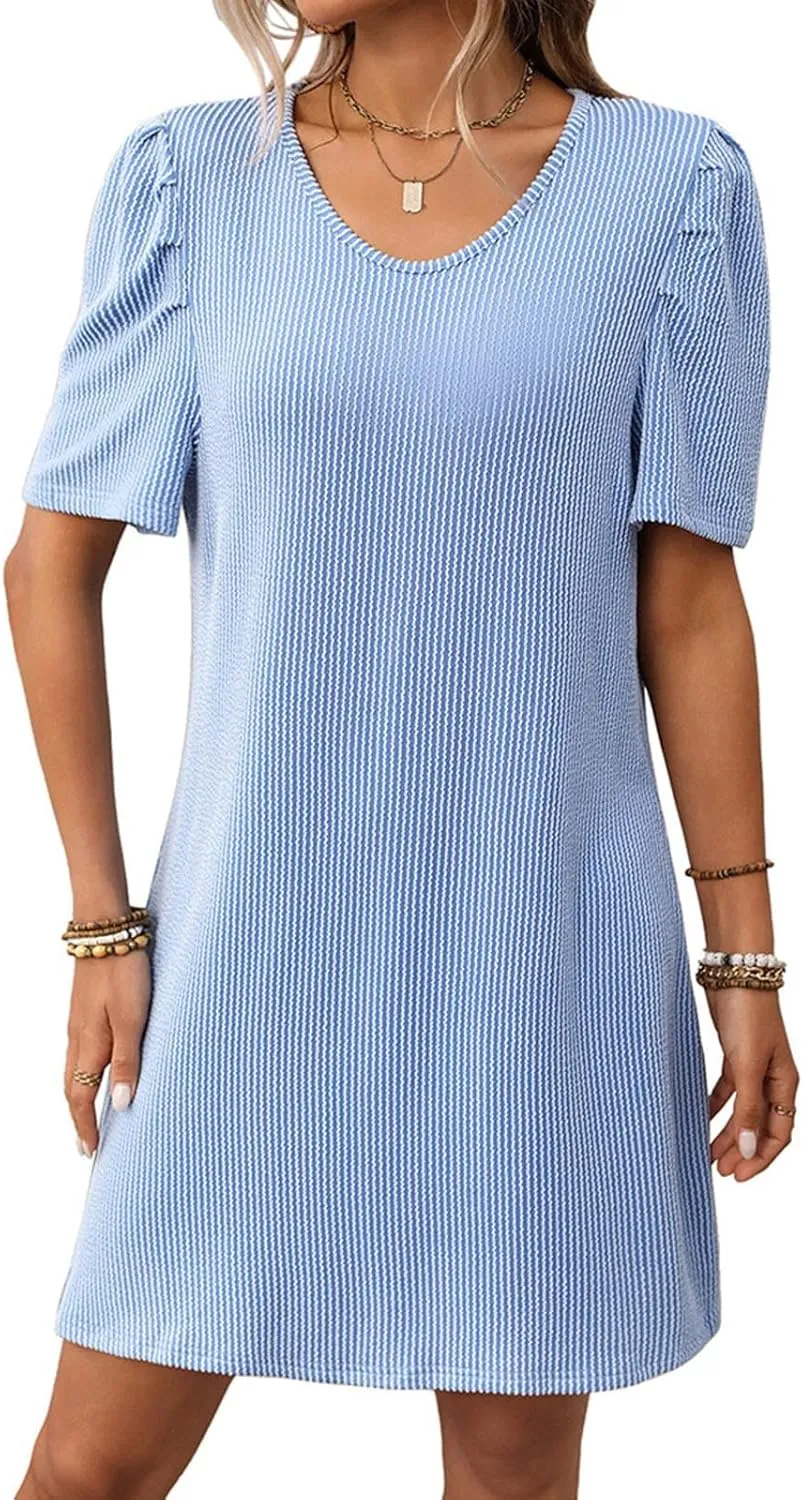 Summer Stripe Dresses for Women Casual Short Sleeve Loose Fit Crew Neck Dress Fashion Pleated Vacation Sundress