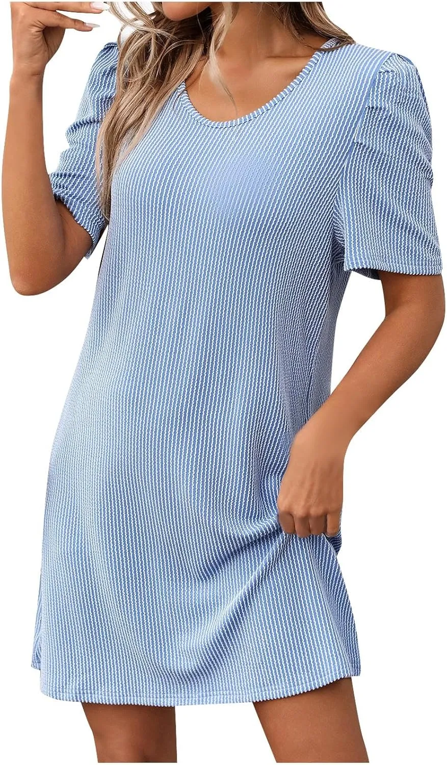 Summer Stripe Dresses for Women Casual Short Sleeve Loose Fit Crew Neck Dress Fashion Pleated Vacation Sundress