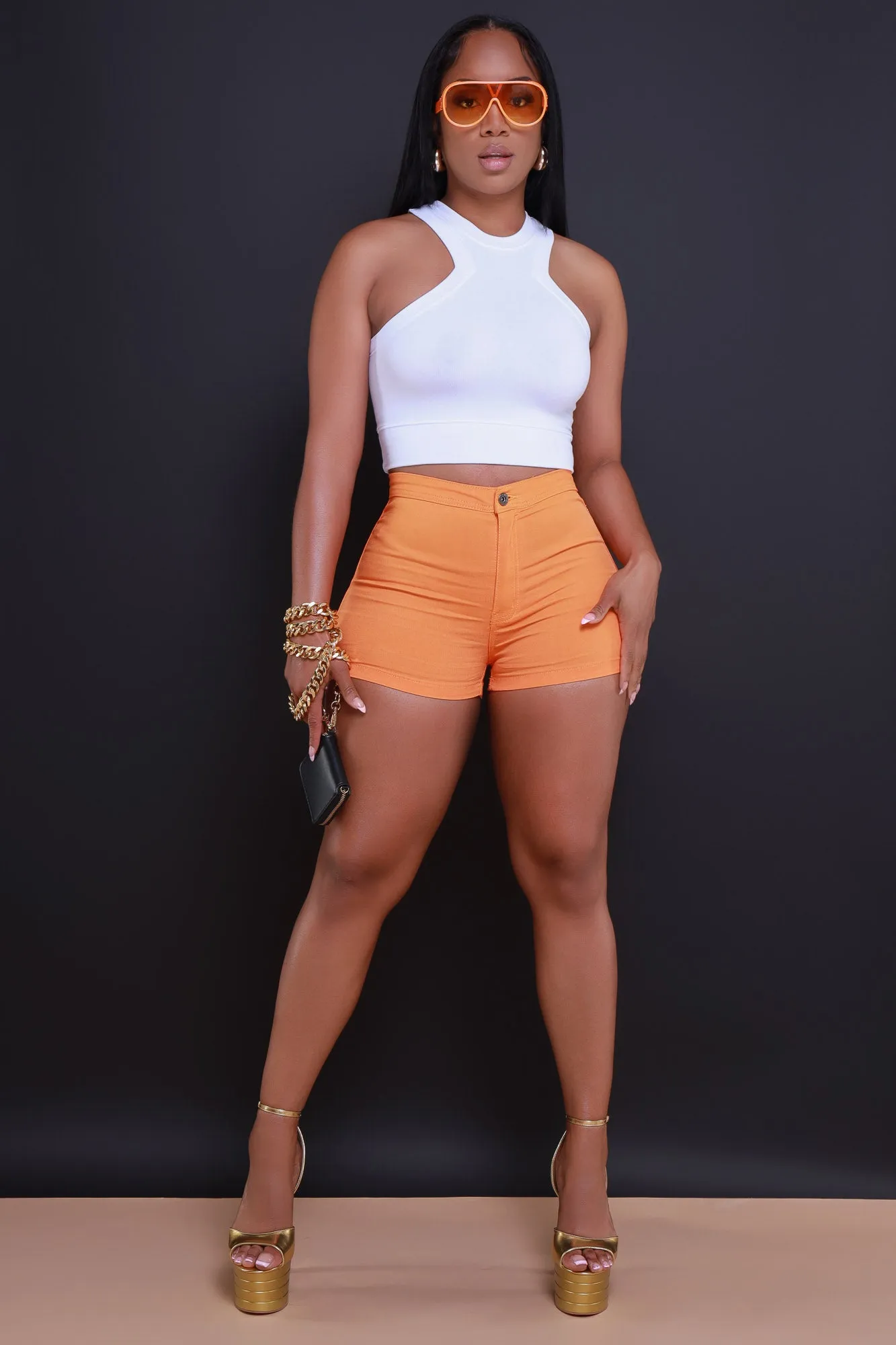 Super Swank High Waist Stretchy Shorts - Neon Orange