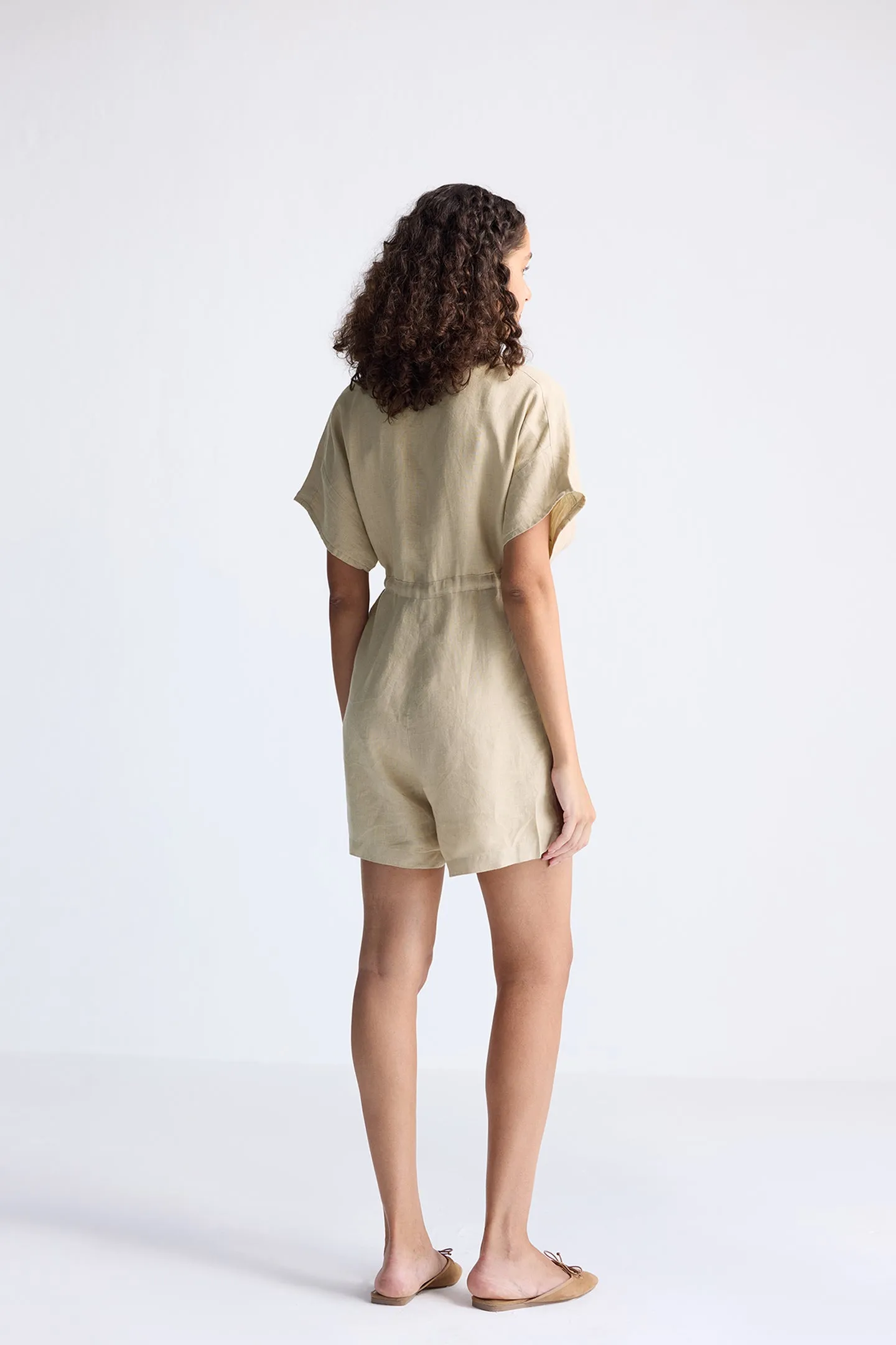 V neck Drawstring Romper in Neutral Beige