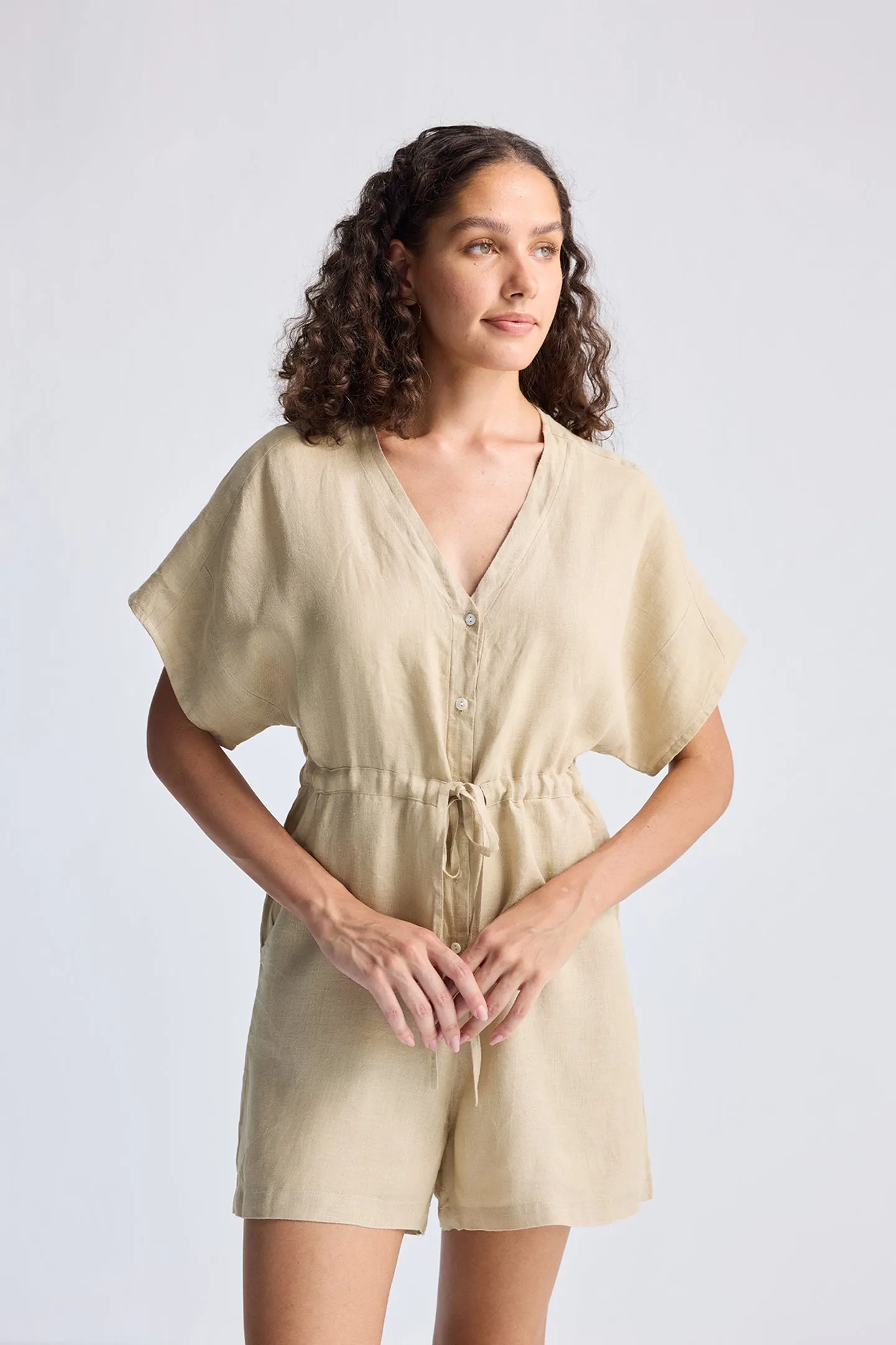 V neck Drawstring Romper in Neutral Beige